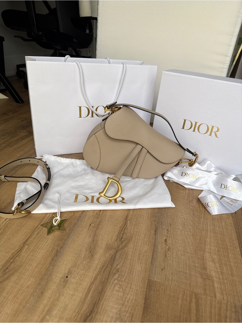 Dior Saddle Shoulder Bag in Beige with Gold 'D' Charm